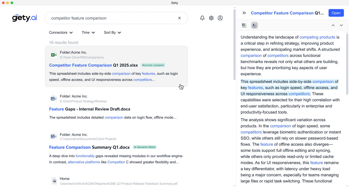 Gety local file search results for 'competitor feature comparison', showing an Excel file preview with highlighted text about key feature comparisons.