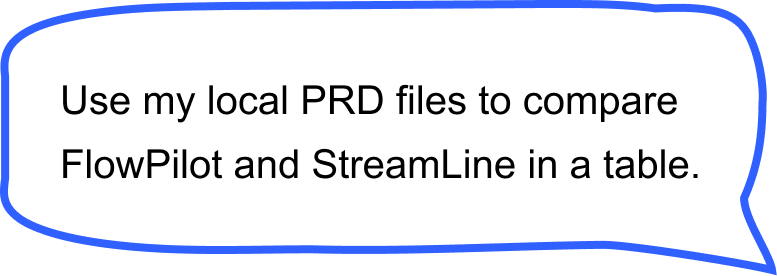 Callout: Use my local PRD files to compare FlowPilot and StreamLine in a table.