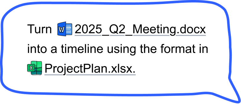Callout: Turn 2025_Q2_Meeting.docx into a timeline using the format in ProjectPlan.xlsx.